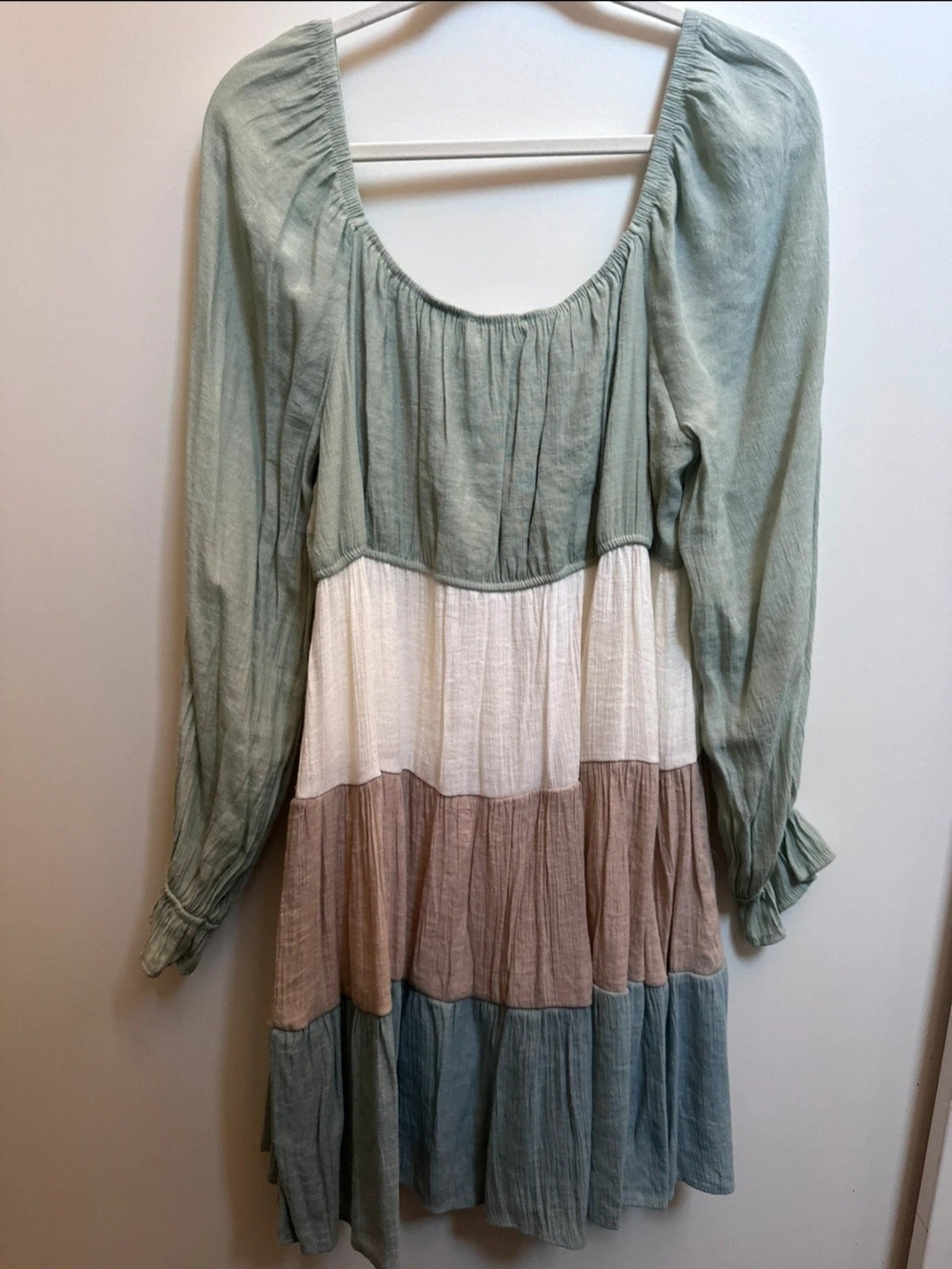 Tiered Long Sleeve Scoop Neck Dress in Sage, Cream, Taupe and Blue